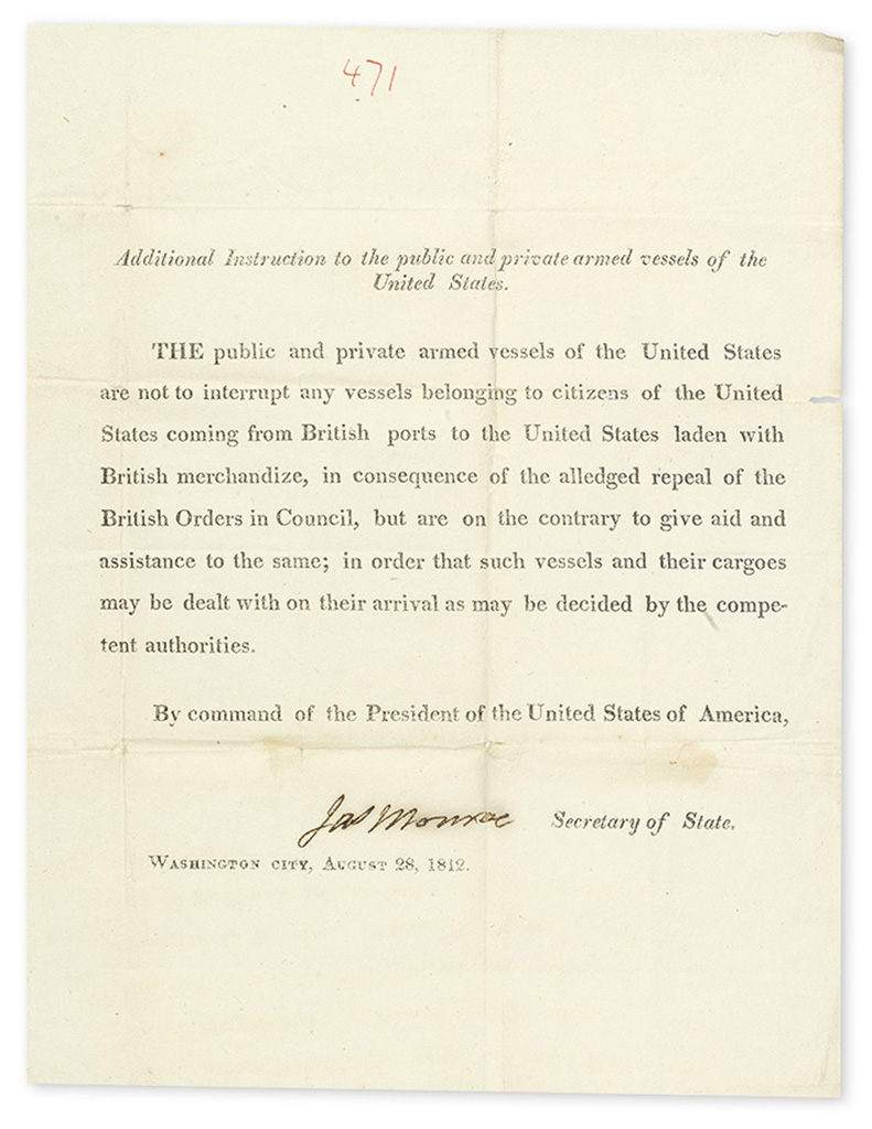 MONROE, JAMES. Printed Document Signed, Jas Monroe, as Secretary of State,
